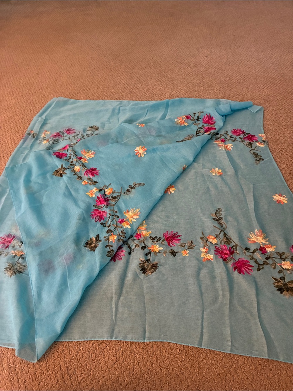 Sky Blue Floral Embroidered Scarf